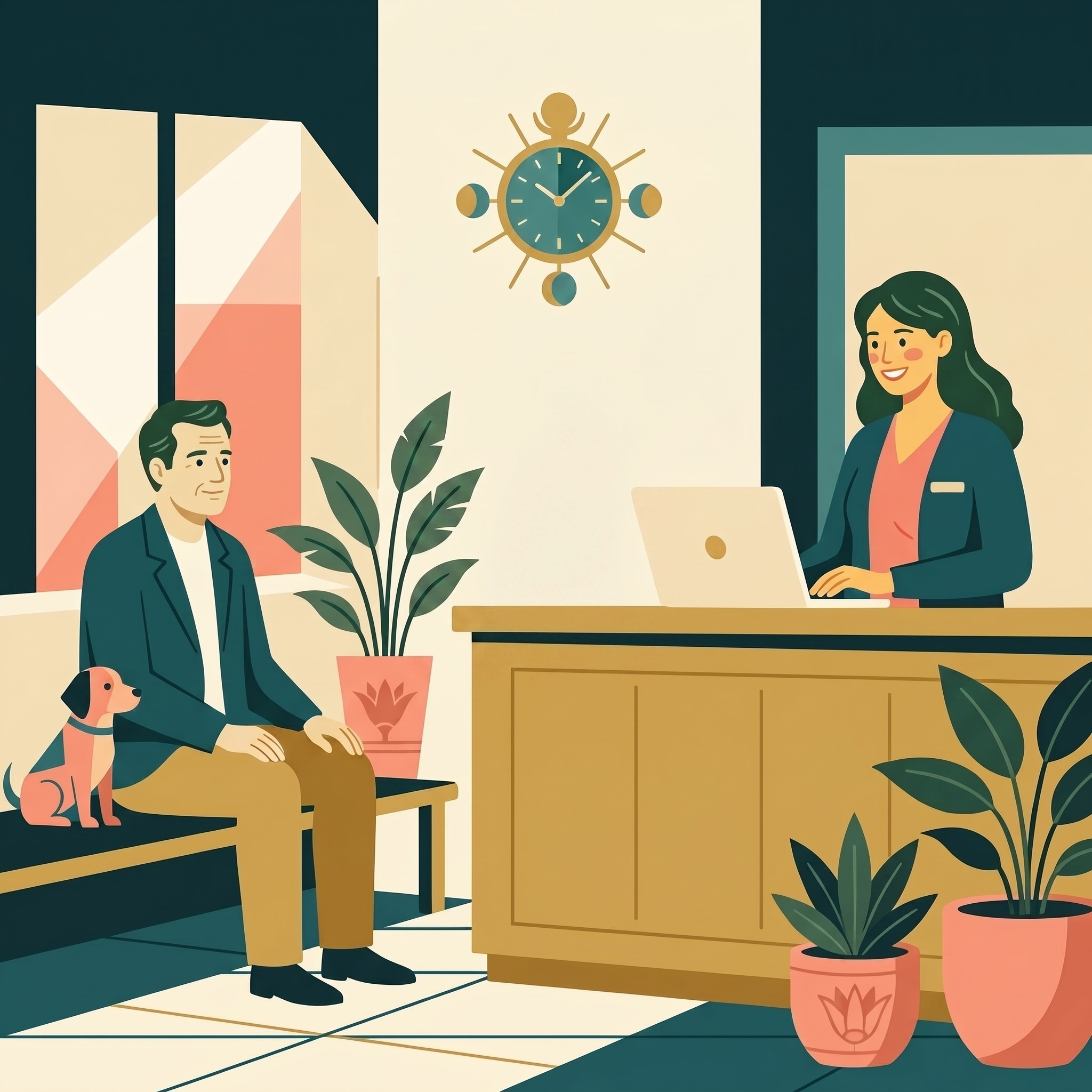 Sala de espera con reloj — cita agendada