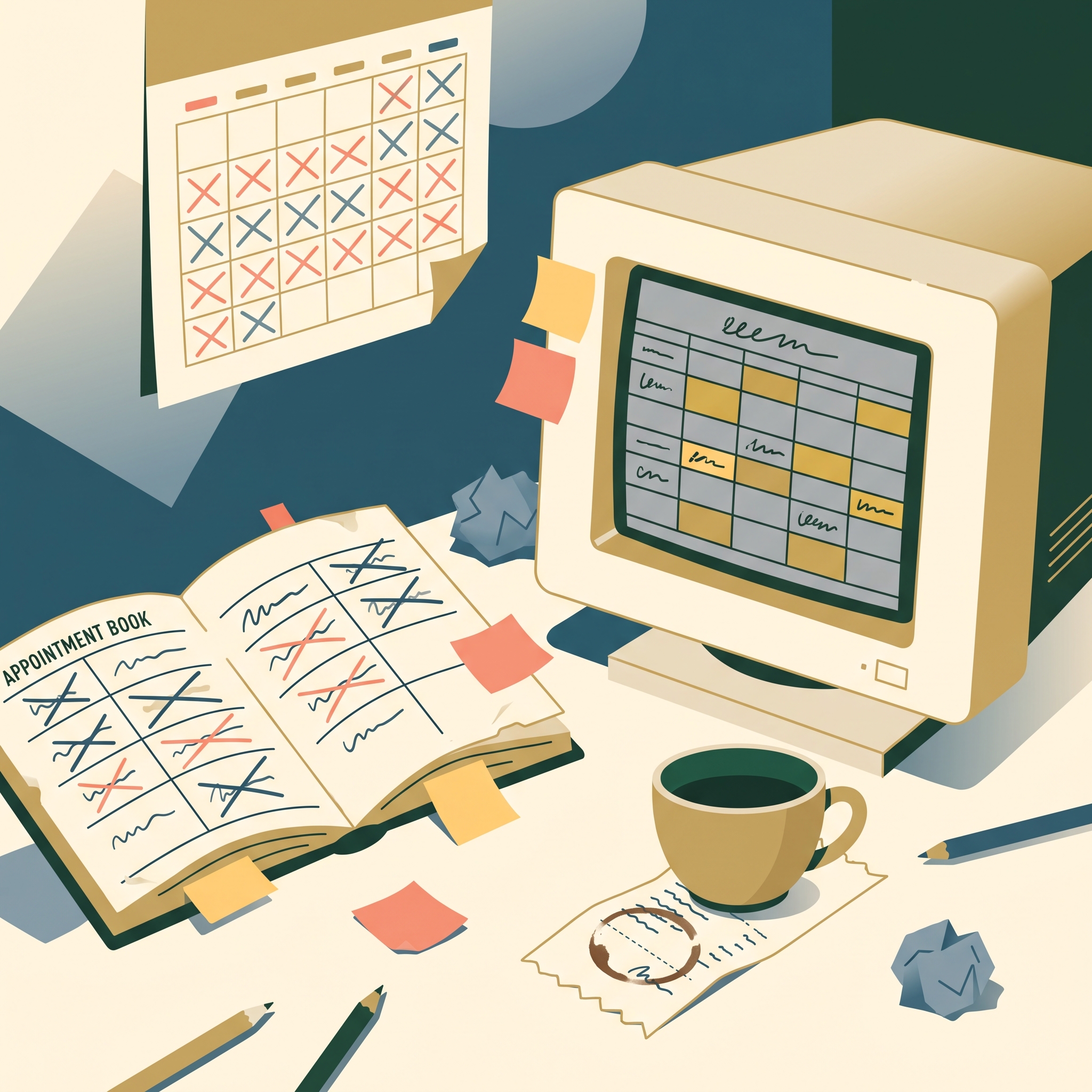 Ilustración: escritorio con libreta y post-its