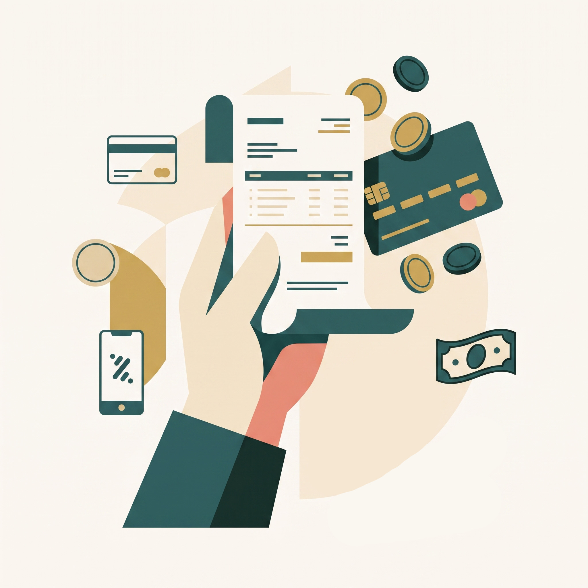 Factura, tarjetas y monedas — venta y cobro